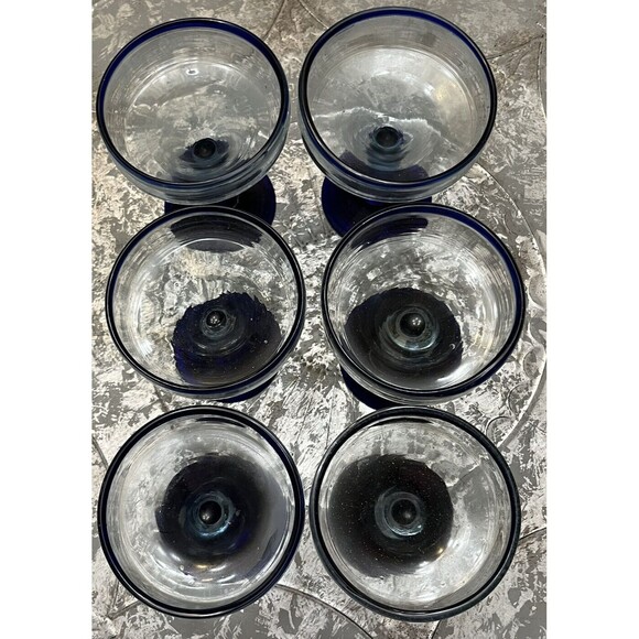 Margarita Glasses Vintage 80s Stemmed Cobalt Blue Hand Blown Glass Mexican Set 6 - Picture 2 of 3